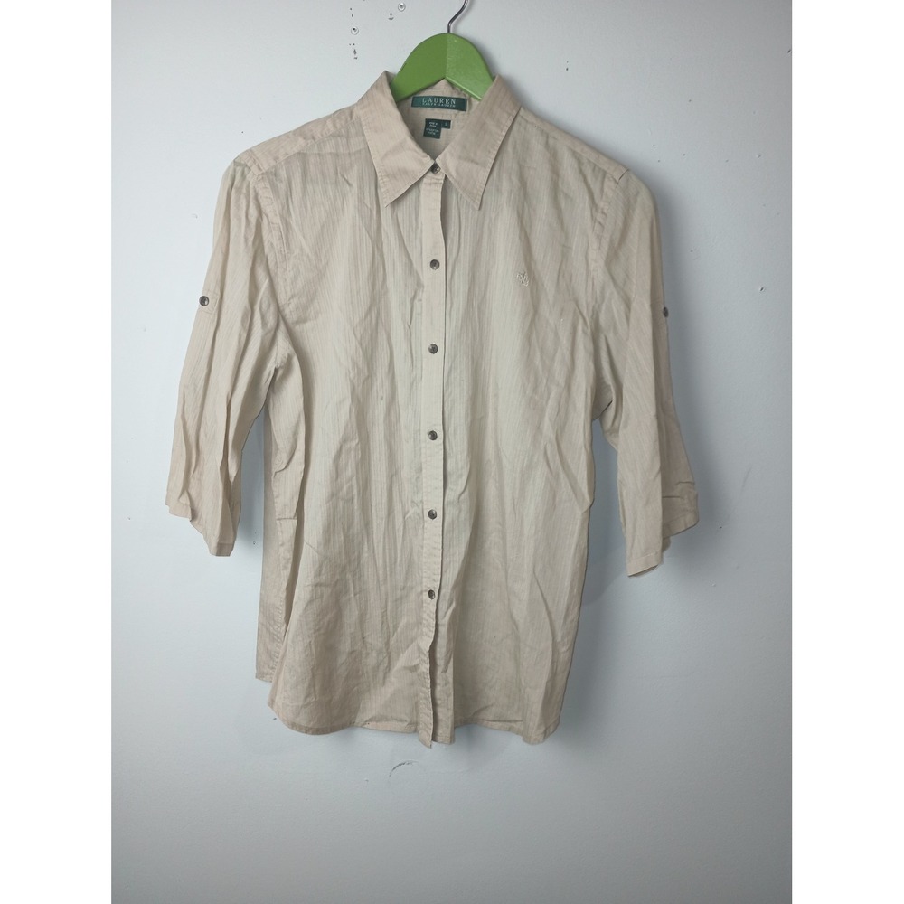 Lauren Ralph Lauren Tan Cotton Striped Roll Tab 3/4 Sleeve Button Down Shirt L